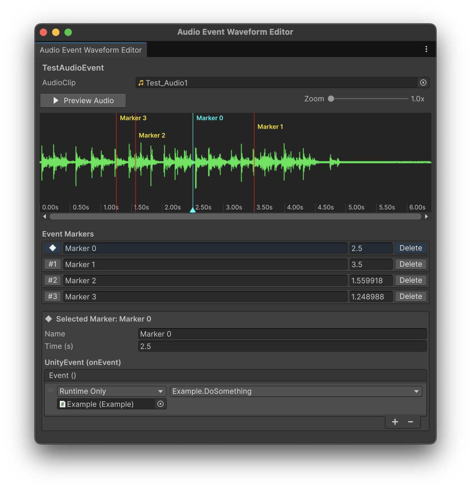 Unity Audio Event Waveform Editor with an audio waveform and timed event markers